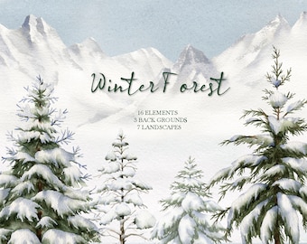 Aquarell-Landschaftsgrafik, Winterwaldbaum, Kiefernwald, Bergkulisse, Hochzeitseinladung (PNG), handgemalt