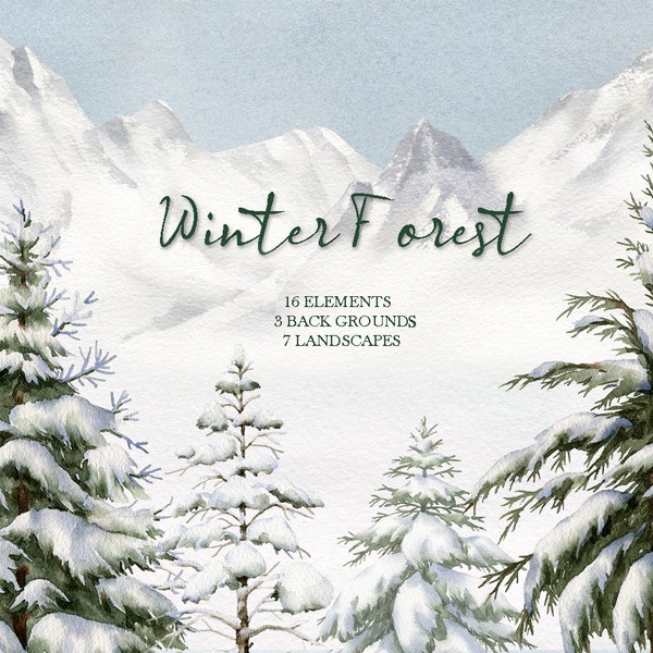 watercolor landscape clipart,winter forest tree,woodland pine trees,mountain background,wedding invitation PNG