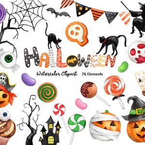 水彩画のクリップアート、ハロウィーンのカボチャ、キャンディー、ハロウィーンのゴースト、ハロウィーンの風船、ハロウィーンの魔女、ハロウィーンの黒猫、オリジナルの手描き