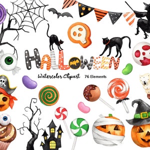 Watercolor Clipart,Halloween Pumpkin,candy,Halloween Ghost,Halloween balloons,Halloween Witch,halloween black cat