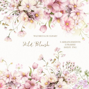 clipart de aquarela de flores silvestres, prado rosa blush, borda floral PNG, original pintado à mão