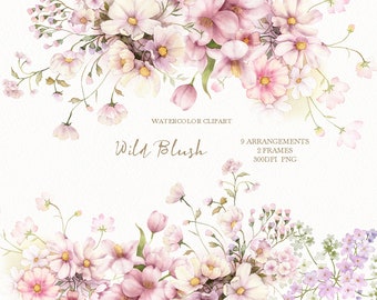 watercolor wildflower clipart,pink blush meadow,floral border PNG,original hand painted