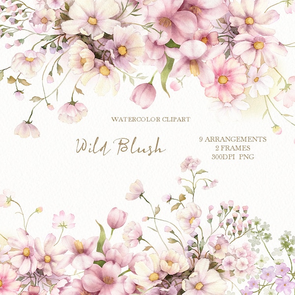 watercolor wildflower  clipart,pink blush meadow,floral border PNG