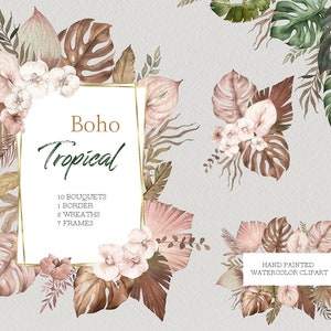 Aquarelle boho tropical clipart, feuille de palmier Monstera, cadres de couronnes d'invitation, bouquets de feuilles séchées Boho PNG, original peint à la main