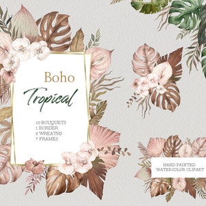 Aquarell Boho tropische Clipart,Monstera Palm Leaf,Einladung Kränze Rahmen,Boho getrocknete Blätter Bouquets PNG