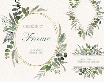 May include: A set of 8 watercolor greenery frames with gold accents. The frames are perfect for adding a touch of nature to your designs. The frames are 300 DPI PNG files.