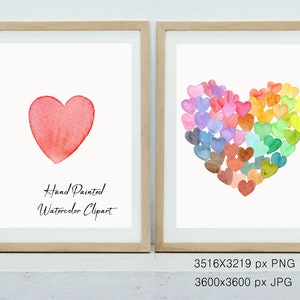 Pu&ograve; includere: Due dipinti ad acquerello incorniciati di cuori. Il primo dipinto &egrave; un singolo cuore rosso. Il secondo dipinto &egrave; un grande cuore composto da molti cuori pi&ugrave; piccoli in un arcobaleno di colori. Il testo "Hand Painted Watercolor Clipart" &egrave; sotto l'unico cuore rosso.