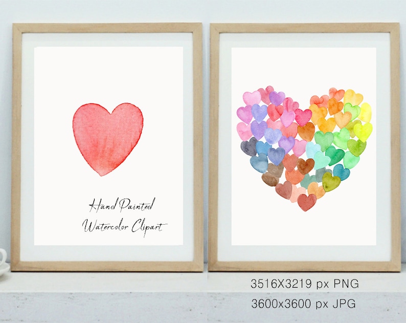 Pu&ograve; includere: Due dipinti ad acquerello incorniciati di cuori. Il primo dipinto &egrave; un singolo cuore rosso. Il secondo dipinto &egrave; un grande cuore composto da molti cuori pi&ugrave; piccoli in un arcobaleno di colori. Il testo "Hand Painted Watercolor Clipart" &egrave; sotto l'unico cuore rosso.