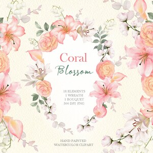 Clipart floral de acuarela de lirio coral, flor de verano, hoja verde, elementos de bricolaje PNG, pintado a mano original