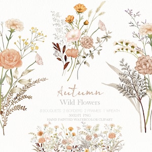 Aquarell Herbst Blumen Wildblumen Clipart,Boho Blumenrahmen,botanisches Blumenstrauß,Original handgemalt
