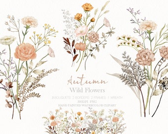watercolor autumn floral wildflower clipart,boho flower frame,botanical wreath bouquet,original hand painted