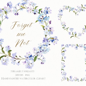 Clipart aquarelle de ne m'oublier pas, cadres de fleurs bleues, couronnes de fleurs, PNG original peint à la main