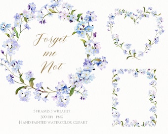 watercolor Forget me not clipart,blue flowers frames,floral wreaths,original hand painted PNG