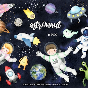 Watercolor space clipart,space astronaut,baby nursery,planets and rocket ship PNG