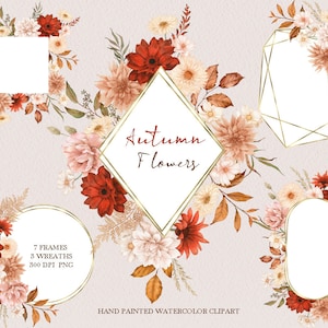 Aquarell Herbst Blumen Rahmen Clipart, Herbst Blumen Kosmos, Dahlien Kränze, Gerbera Hochzeitseinladung, Original handgemalt