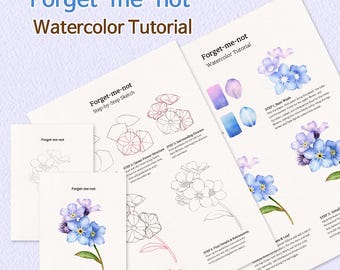 Puede incluir: Una guía de tutorial de acuarela de nomeolvides con bocetos paso a paso e instrucciones de pintura. El documento incluye dibujos lineales de estructuras florales e ilustraciones terminadas en acuarela de flores azules.