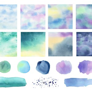 May include: A set of watercolor backgrounds and elements in shades of blue, green, purple, and yellow. The set includes squares, circles, and brushstrokes.