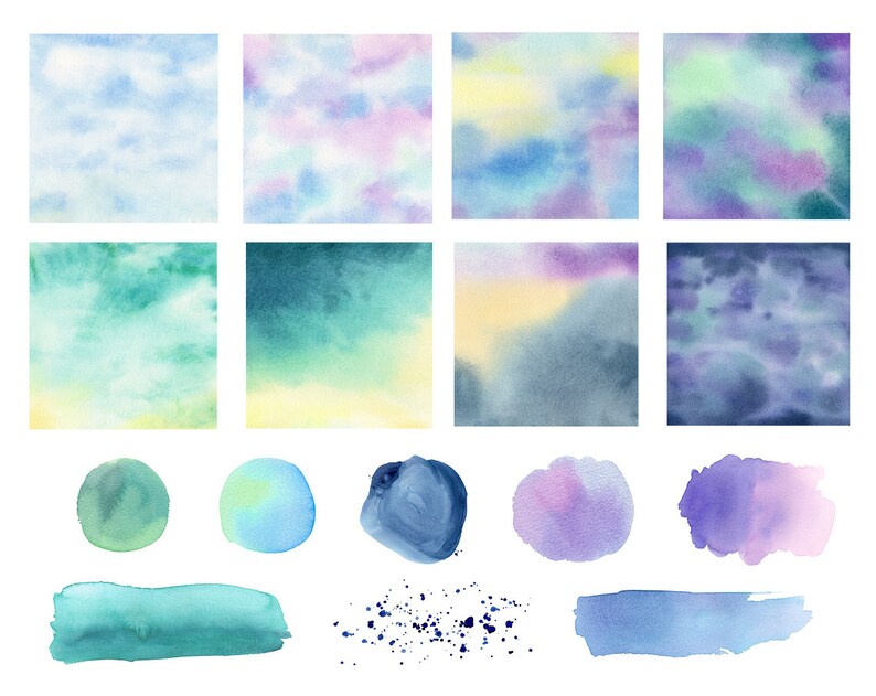 May include: A set of watercolor backgrounds and elements in shades of blue, green, purple, and yellow. The set includes squares, circles, and brushstrokes.