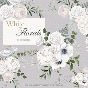 white flower bouquets clipart,watercolor rose floral,Greenery Leaves,wedding invitation