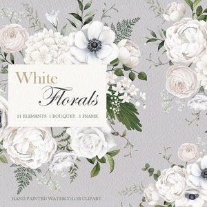Clipart de fleurs blanches, bouquet floral rose aquarelle, cadre de feuilles de verdure, original peint à la main