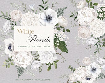 white flowers clipart,watercolor rose floral bouquet,Greenery Leaves frame,original hand painted