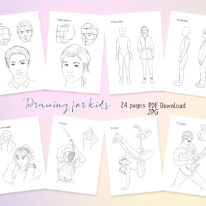 May include: A black and white drawing book for kids with 24 pages of drawing tutorials. The book includes drawings of people, faces, and bodies. The book is titled "Drawing for Kids" and includes the text "24 pages PDF Download JPG".