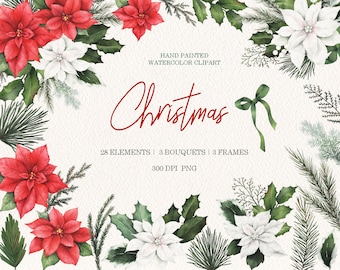 May include: Watercolour clipart set featuring red and white poinsettia flowers, green holly leaves, and pine branches. The set includes 28 elements, 3 bouquets, and 3 frames. The text "Christmas" is written in red cursive lettering.