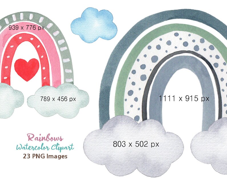 May include: A set of 23 watercolour rainbow clipart images. The rainbows are in various colours, including pink, green, blue, and grey. Some rainbows have white polka dots. The rainbows are surrounded by white clouds.