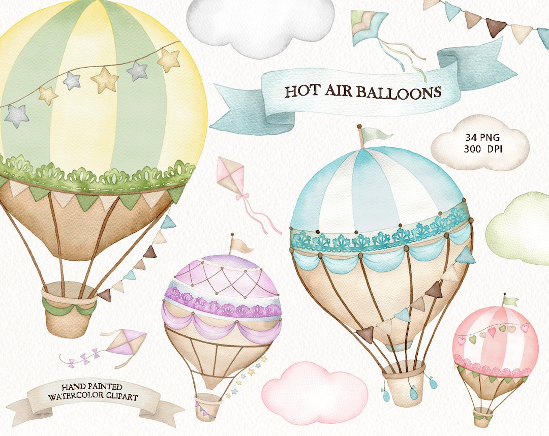 Watercolor Hot Air Balloon Clipart,party Ribbon,vintage Lace,nursery ...