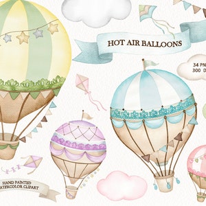 aquarel heteluchtballon clipart, feestlint, vintage kant, kinderkamer wanddecoratie png, origineel handgeschilderd