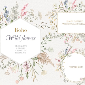 Wildflower watercolor floral clipart,autumn boho flower frame,garden wreath bouquet