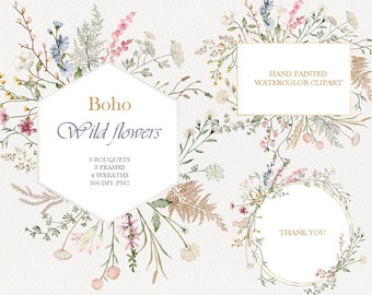 Wildflower watercolor floral clipart,autumn boho flower frame,garden wreath bouquet,original hand painted