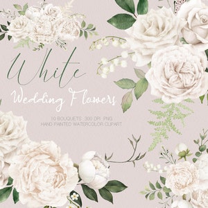 clipart de flores em aquarela, buquê de peônias brancas, arranjos florais, clipart de casamento, original pintado à mão