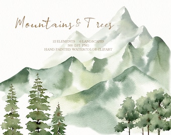 Aquarell-Landschaftsgrafik, Bergkulisse, Waldbaum, Kiefernwald, handgemalt