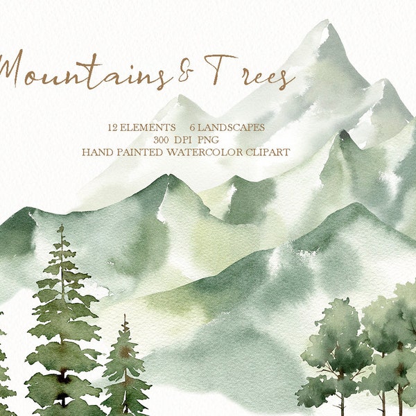 aquarelle paysage clipart, fond de montagne, arbre forestier, pins des bois, invitation de mariage PNG
