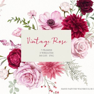 aquarelle vintage rose clipart, cadre rose, fleurs séchées, feuille d'herbe, couronnes PNG, original peint à la main