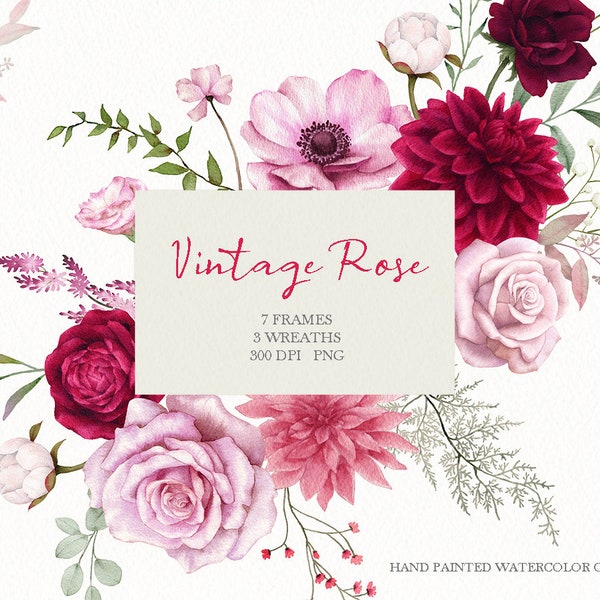 watercolor vintage rose clipart,rose frame,Dried flowers,grass leaf,wreaths PNG