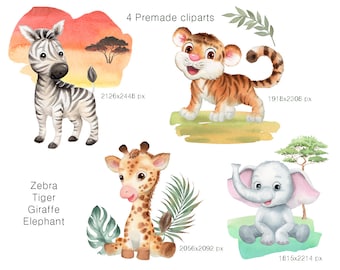 watercolor Safari clipart,nursery decor,Jungle ClipArt,Kids Clipart,animals clipart,original hand painted