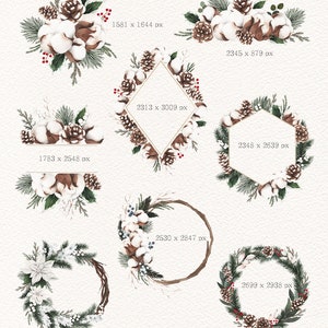 Op de afbeelding: Een set van zes aquarel illustraties met kransen en arrangementen van katoenen bollen, dennenappels en groen. De illustraties zijn perfect om een vleugje winterse charme aan uw ontwerpen toe te voegen.