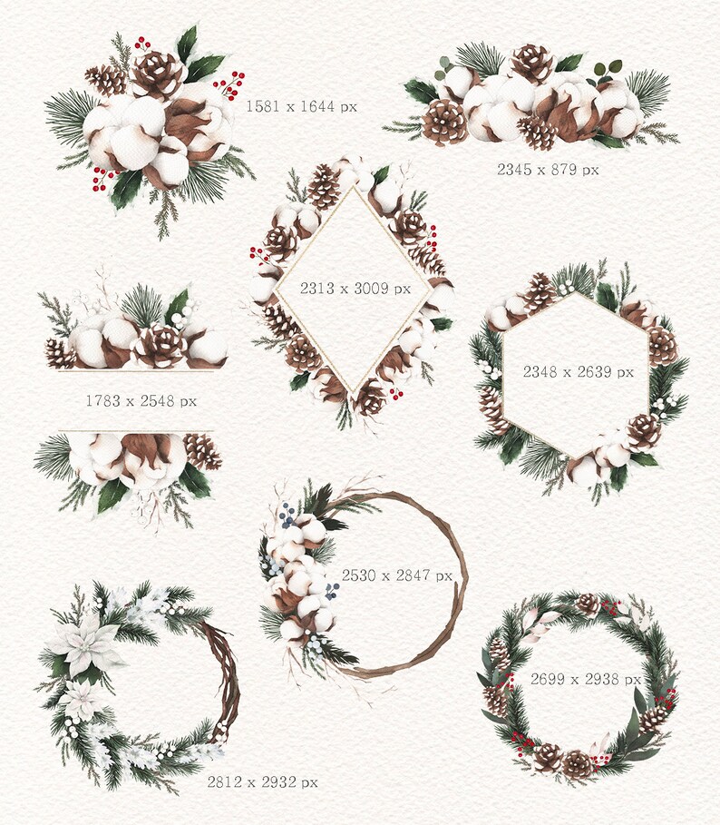 Op de afbeelding: Een set van zes aquarel illustraties met kransen en arrangementen van katoenen bollen, dennenappels en groen. De illustraties zijn perfect om een vleugje winterse charme aan uw ontwerpen toe te voegen.