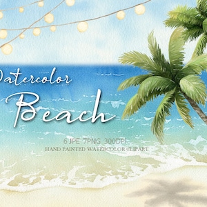 Watercolor palm tree beach background,handpainted summer tropical clipart,original hand painted