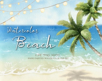Watercolor palm tree beach background,handpainted summer tropical clipart,original hand painted