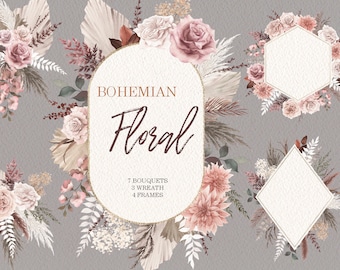 watercolor boho floral clipart,rose frame and wreath,Dried flowers,Bohemian grass leaf,original hand painted