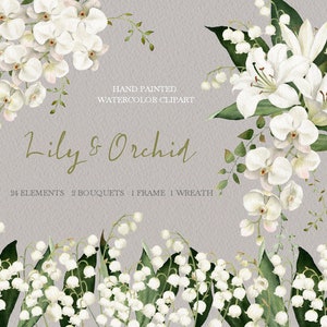 Lelietje-van-dalen clipart, aquarel bloem orchidee boeketten, bruiloft frame, bloemenkransen, origineel handgeschilderd