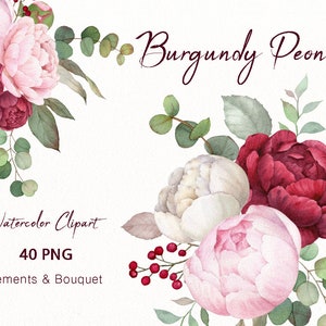 Clipart floral de acuarela, ramo de peonías, arreglos florales, clipart de flores, boda, pintado a mano original