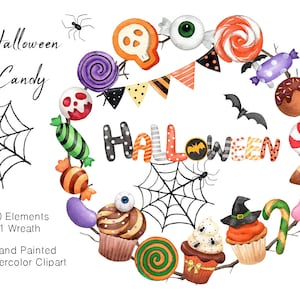 Watercolor Halloween Clipart,Halloween candy,Halloween Cupcake,Halloween Treats,halloween PNG,original hand painted