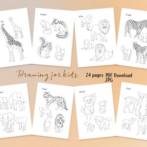 Puede incluir: Un libro de dibujo imprimible en blanco y negro para niños con 24 páginas de ilustraciones de animales. El libro incluye instrucciones paso a paso para dibujar una jirafa, una ardilla, un león, una cebra, un elefante, un tigre, un koala y un ciervo.