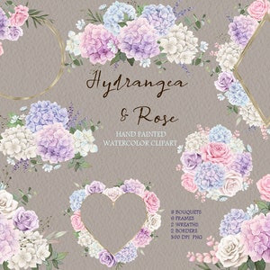 Clipart de flores de hortensia de acuarela, marco y corona de boda, ramos de rosas, pintados a mano originales