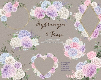 Aquarel hortensia bloem clipart, bruiloft frame en krans, rozen boeketten, origineel handgeschilderd