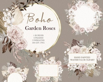 watercolor boho floral clipart,dusty roses wreaths and gold geometric frames,Bohemian dried leaf,original hand painted